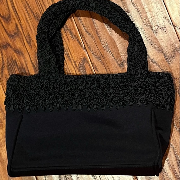 Handbags - Black mini bag purse with crochet like detail.